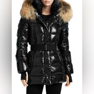 SAM New York Millennium Fox Fur-Trim Belted Down Puffer Jacket Womens Size XS